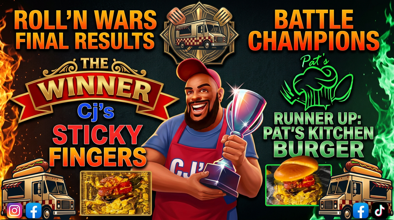 Firefly_Gemini Flash_Can you make me a flyer that shows Rolln Wars battle but Cjs Sticky fingers the win 597678